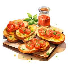 Toasted bread topped with diced tomatoes, Vegetable foods, Watercolor illustrations. - obrazy, fototapety, plakaty