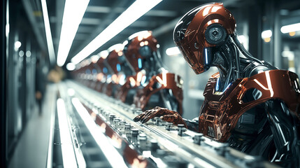Smart factory, industry, computer-aided manufacturing, humanoid robots working in the factory production line with machine, AI future industry 