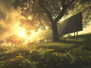 solar panels with tree and sun in background, in the style of perspective rendering