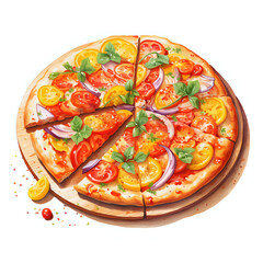 Bell Pepper Pizza, Vegetable foods, Watercolor illustrations.