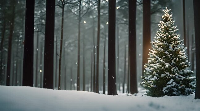 In the serene forest, a Christmas tree stands tal