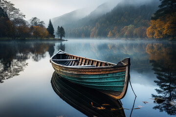 Old wooden boat in a foggy river in autumn. Generated by artificial intelligence - Powered by Adobe