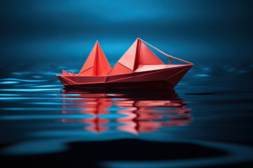 Red paper boat on calm blue water. Generated by artificial intelligence