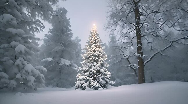 In the serene forest, a Christmas tree stands tal