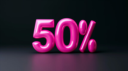The numbers "50%" in bold, pink 3D text in dark blackground, discount price and sale promotion concept