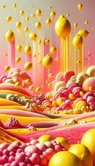 Whimsical surreal landscape with lemons floating on the sky. Pink, orange, yellow vibrant colors. Dreamlike fantasy world, fairy tale, candy tale style. Abstract shapes and structures