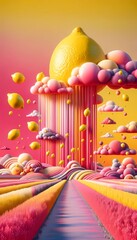 Whimsical surreal landscape with lemons floating on the sky. Pink, orange, yellow vibrant colors. Dreamlike fantasy world, fairy tale, candy tale style. Abstract shapes and structures - 731567150