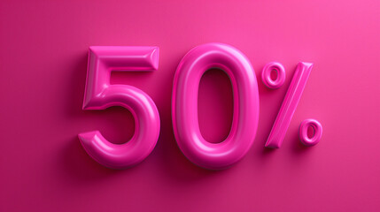 The numbers "50%" in bold, pink 3D text in flat blackground, discount price and sale promotion concept