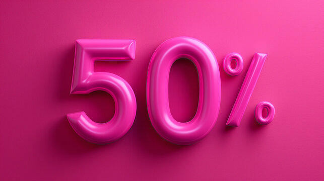 The numbers "50%" in bold, pink 3D text in flat blackground, discount price and sale promotion concept