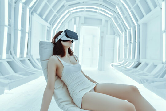 a young woman in wearing virtual reality glasses in a modern white high-tech room