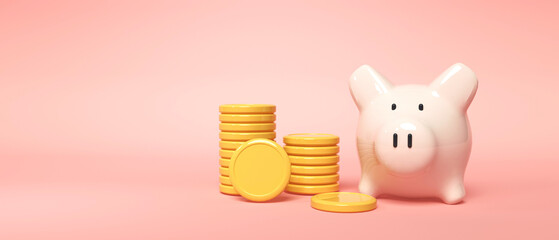 Financial theme with piggy bank and coins - clean 3d render