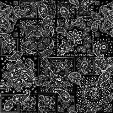Black bandana kerchief paisley fabric patchwork abstract vector seamless pattern for scarf kerchief shirt fabric carpet rug tablecloth pillow