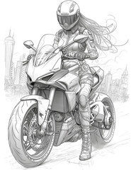 Plakat Biker on a motorcycle. Traveling through future cities. A girl on a motorcycle wearing a helmet. Illustration for coloring book