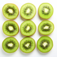 Fototapeta premium Kiwi Essence Visual Story Highlighting Whole or Sliced Kiwis on a Clean White Backdrop