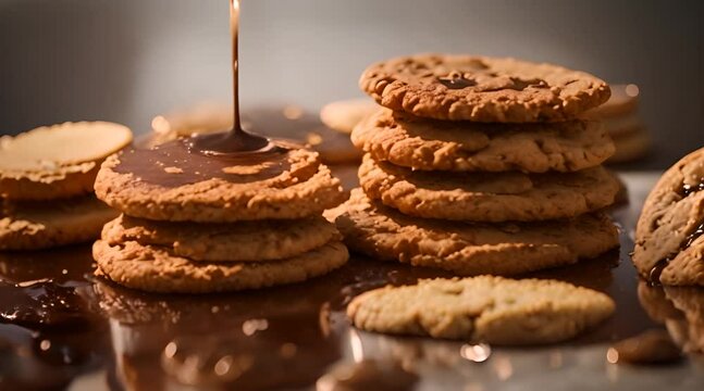 Pouring extra dark melted liquid chocolate sauce over stack of homemade cookies in slow motion