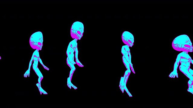 Seamless loopable animation of walking aliens in cartoon style with turbulence effect isolated with alpha channel.