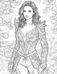 Illustration of a bright and unique young woman surrounded by flowers. Elegant illustration for a coloring book. Anti-stress therapy for adults and children.