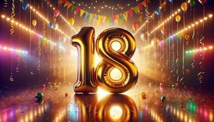 golden balloons number 18 on birthday concept background