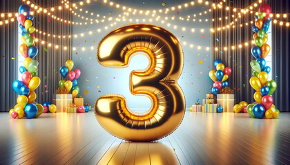 golden balloon number 3 on birthday concept background