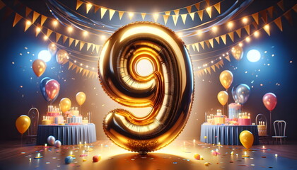 golden balloon number 9 on birthday concept background
