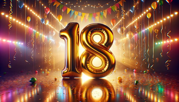 golden balloons number 18 on birthday concept background