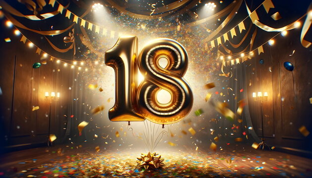 golden balloons number 18 on birthday concept background