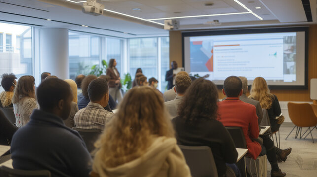 Engaged Audience at Professional Development Seminar: Diverse Group of Business Professionals Attending an Educational Workshop, Focus on Continuous Learning and Skill Enhancement 