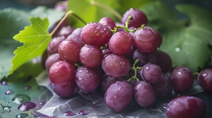 Fototapeta premium Fresh purple grapes with dew drops, close-up shot. healthy organic fruit, perfect for food themes. natural lighting gives a vibrant feel. AI