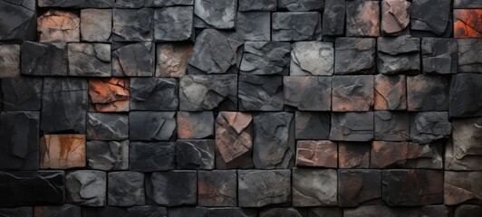 Wall of Volcanic rock bricks. Volcanic basalt rock bricks wall texture. Volcanic bricks wall....