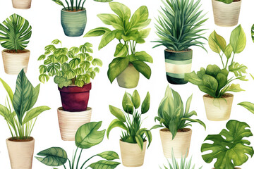 Seamless pattern with watercolor painted houseplants - obrazy, fototapety, plakaty