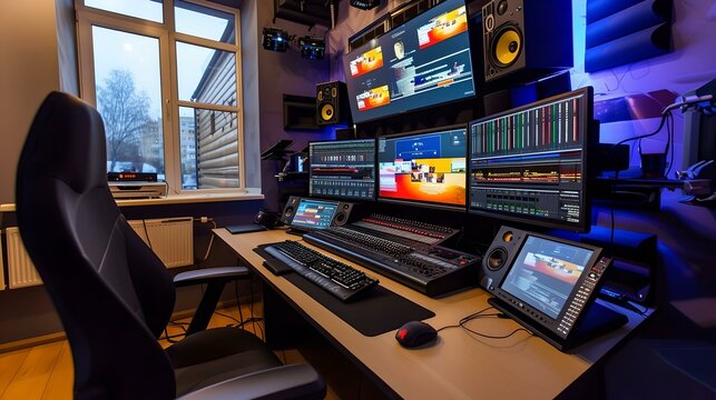 Modern home recording studio setup with multiple monitors. a professional workspace for music and video editing. high-tech equipment for multimedia production. AI