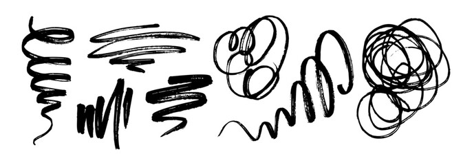 Hand Drawn Scribble Pencil Line Set. Scratch Texture Sketchy Graphic Collection. Sloppy Hatching, Highlighter for Modern Design. Vector Illustration Isolated on White Background. Ballpoint Round Swirl