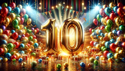 golden balloons number 10 on birthday concept background