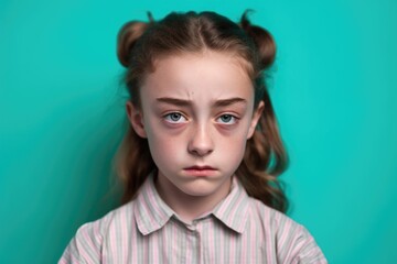 studio shot of a cute young girl looking dejected against a turquoise background - obrazy, fototapety, plakaty