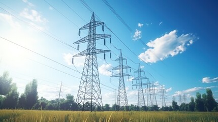 High voltage electric tower, sky is clear with a few clouds, environmental concept city background.