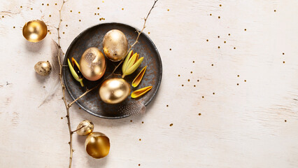 Decorative golden eggs on Easter. Easter concept.
