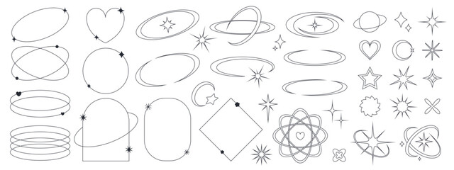 Set of line elements in y2k style. Geometric shapes, linear frames with stars. Vector illustration for social media, banners, poster design.