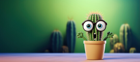 Cartoon cactus character with surprised funny face