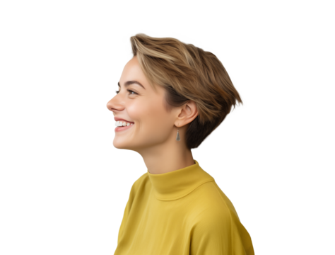 side view portrait of smiling woman looking away