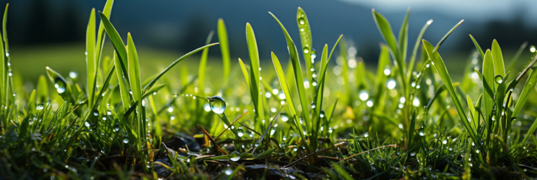 A beautiful macro closeup image of small green natural grass plant bud with water drops on its leaves 