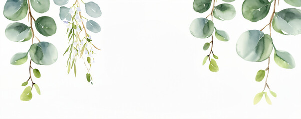 Watercolor frame with Eucalyptus leaves. Botanical and beauty concept.  Design for wedding invitations, greeting cards, stationery. Template with copy space.