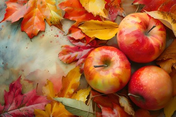 Vibrant autumn apples among colorful leaves. seasonal harvest concept. natural fall background for design and text. warm tones and organic feel. AI