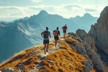 Trail runners running on mountain ridge - obrazy, fototapety, plakaty
