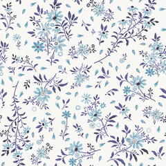 Blue, colorful and seamless vector pattern, hand-drawn against a background of floral textures. This sketch can be used as wallpaper, textiles, fabric, and designer packaging.