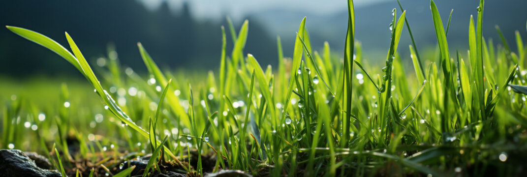 A beautiful macro closeup image of small green natural grass plant bud with water drops on its leaves 