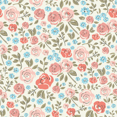 A cute, feminine watercolor seamless pattern featuring pink and blue wildflowers against a light yellow background.