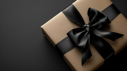 Image of a Part of Luxury gift box with black bow on black, empty copy space