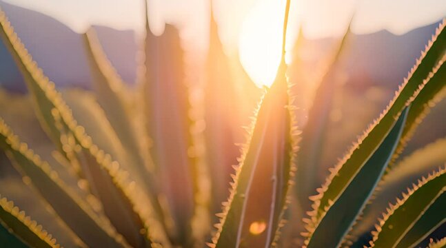 Textures of blue agave through the sun at sunset