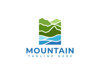 mountain with river logo vector illustration. valley water logo template