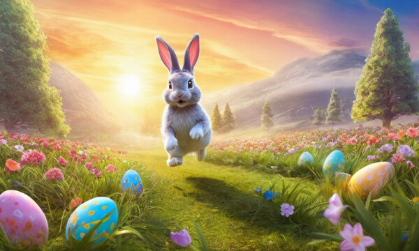 cute cartoon bunny jumping on green grass with spring flowers and colorful Easter eggs